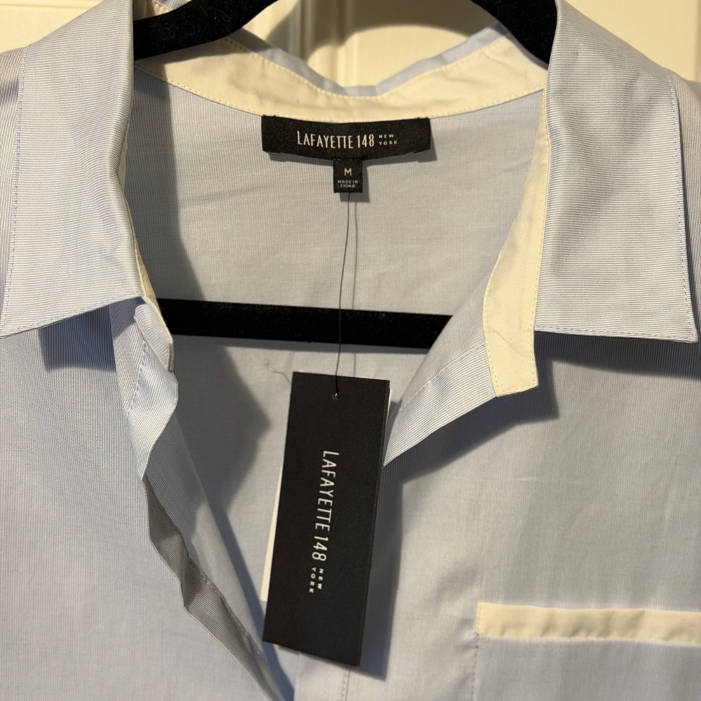 Lafayette 148 New York Pale Blue Micro Pinstripe Button Down Shirt Size M - Picture 3 of 8